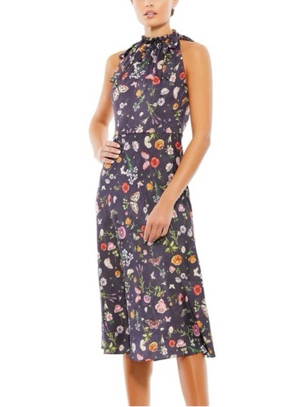 Mac Duggal Floral Butterfly Halter Midi Dress Cottagecore Garden Party Sz 8 NWT